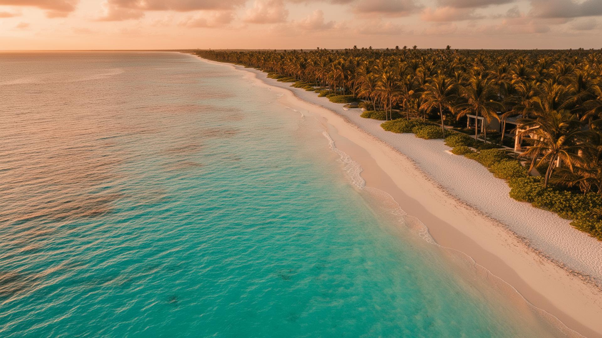 Praia paradisíaca ao pôr do sol